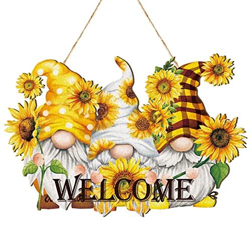 Sunflower Welcome Wood Door Hanger Wooden Gnome Sign Farmhouse Wall Porch Art Summer Fall Front Door Wreath Hanging for Bedroom Living Room Indoor Outdoor Kitchen Home Decor