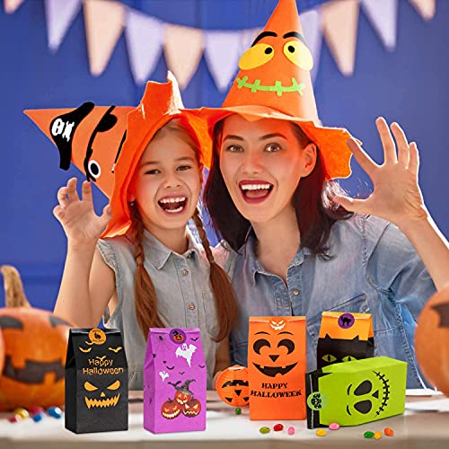 Halloween Treats Bags Party Favors - 50 Pcs Kids Halloween Candy Bags for Trick or Treating + 60 Pcs Halloween Stickers, Mini Paper Gift Bags for Treats Snacks, Halloween Goodie Bags Party Supplies - Image 7