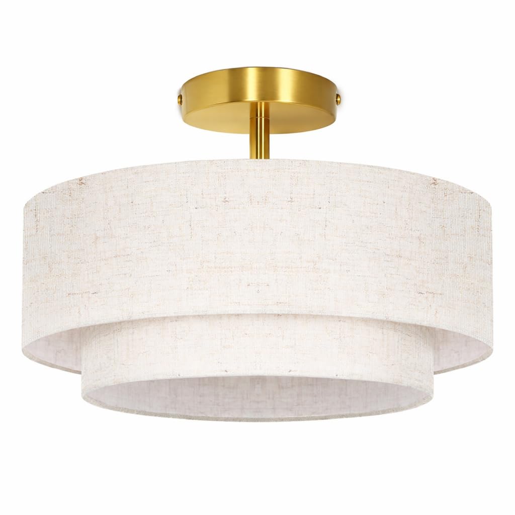 OUTON 40 cm Deckenleuchte mit Doppel-Stoffschirm, Gold, 3-flammig, Runde Deckenlampe in Leinenoptik für Wohnzimmer, Schlafzimmer, Küche, Esszimmer, Flur und Eingangsbereich