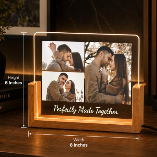 Image of Giftplease Personalized LED Acrylic Photo Frame with Custom Picture and Text, Couple Memory Night Lamp, Wooden Base Table Decor, Romantic Bedroom Display, Home Accent Art, Anniversary Decor, Wedding