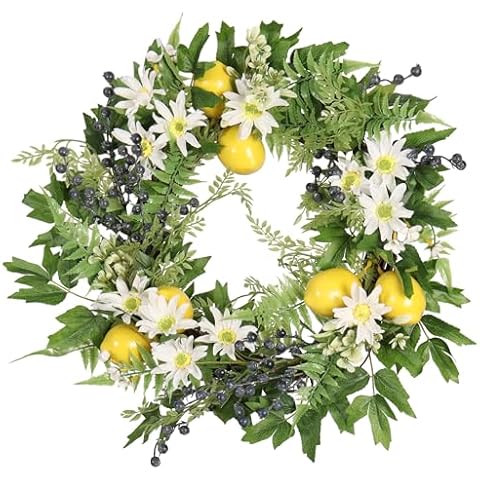 Zhemobang 20" Summer Lemon Wreaths for Front Door Spring Eucalyptus Wreath Door Wreaths for Spring Summer Floral Wreath with Daisy Berry for Outside Wall Window Farmhouse Indoor Outdoor Party Holiday Cover