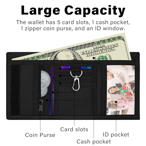 Image of Kids Wallet for Boys Girls, Trifold RFID Wallet with Key Chain and Zipper Pocket for Kids 4-18 Novelty Birthday Gifts, Coin Pouch Purse for Children Teens Outdoor Sports - Black
