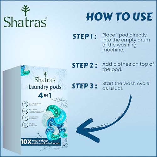 Image of Shatras Premium Laundry Detergent Pods | Bio-Enzyme Stain Remover | Quick Dissolve | Deep Clean & Fabric Care | For Top & Front Load Machines | Pack of 30