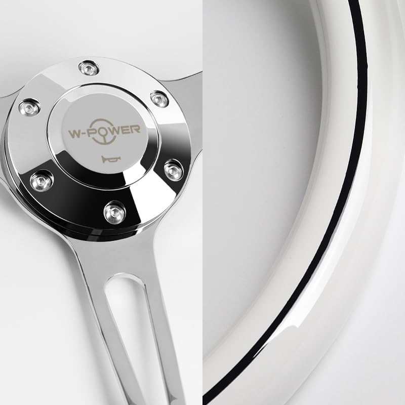 15" White Wood With Black Line W-Power 380MM 6-Hole Chrome 3-Spoke Steering Wheel