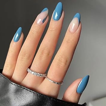 Amazon Com Yoyoee French Press On Nails Short Almond False Nails Acrylic Full Cover Glossy Fake Nails Cute Blue Tips For Women And Girls 24pcs Beauty Personal Care