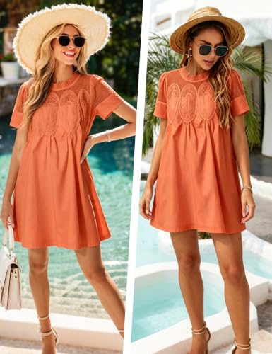 Image of Shiyifa Womens Babydoll Lace Patchwork Dresses Summer Short Sleeve Ruffle Sundress Loose Crew Neck A-Line Dresses