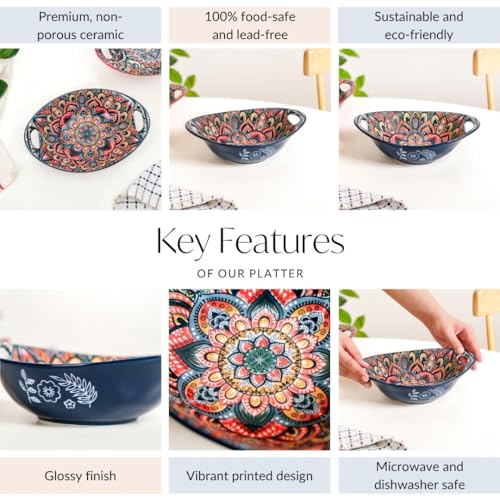 Image of Nestasia Mandala Ceramic Serving Bowl with Handles (400 ml) - Microwave & Dishwasher Safe Pasta Bowl | Floral Bowl with Glossy Finish - Ideal for Soup, Curries, Snacks, Salad & Noodles (Blue)