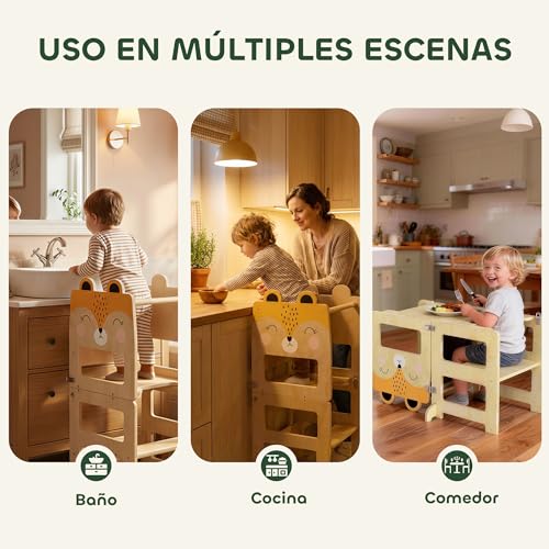 Miniatura 5 de Aiyaplay Torre De Aprendizaje 3 En 1 Plegable, Convertible En Escritorio Y Silla, Taburete De Aprendizaje Para Niños De 2-5 Años Con Pizarra, Dibujos De Zorros, Para Baño, Cocina, Natural
