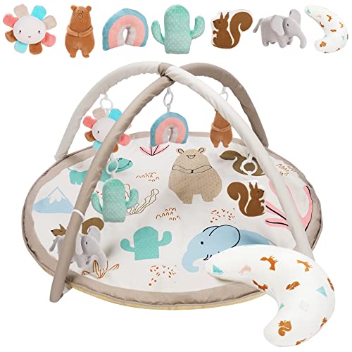 Image of Baby Play Gym with 7 Toys and 12 Mliestone Cards, Baby Play Mat with Velvet Fabric Tummy Time Pillow, Animal Design Tummy Time Mat, Baby Gym Activity Center, Thicker and Non Slip Mat, Washable