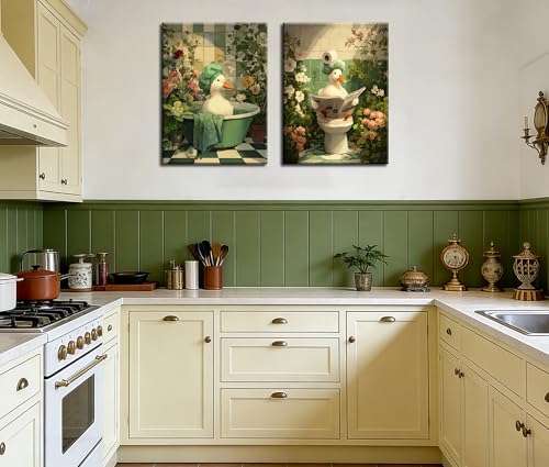Image of Frimeeme Duck Green Botanical Bathtub Canvas Wall Art,12x16 Inch