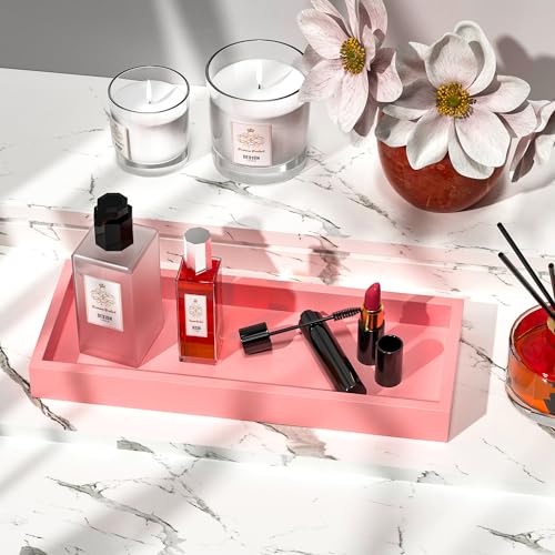 Image of ZHWS Bathroom Vanity Tray for Perfume Decor Toilet Tank Candle Toiletries, Kitchen Tray for Soap Dispenser Spice Salt Coffee, Bamboo Nightstand Tray 11.3 inchx4.4 inch (Pink)