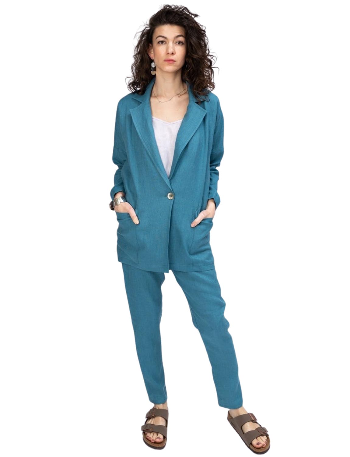 Donna Tuta in Lino 2 Pezzi con Un Bottone, Giacca e Pantaloni per Un Abbigliamento da Lavoro Casual.