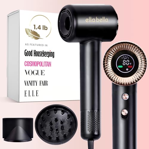 ELLA BELLA Compact Plasma Hair Dryer Advanced Plasma Technology Blow Dryer with Digital Display Rapid Drying Low Noise & Luxury Velvet Travel Bag - Includes Diffuser & Nozzle- for All Hair Types
