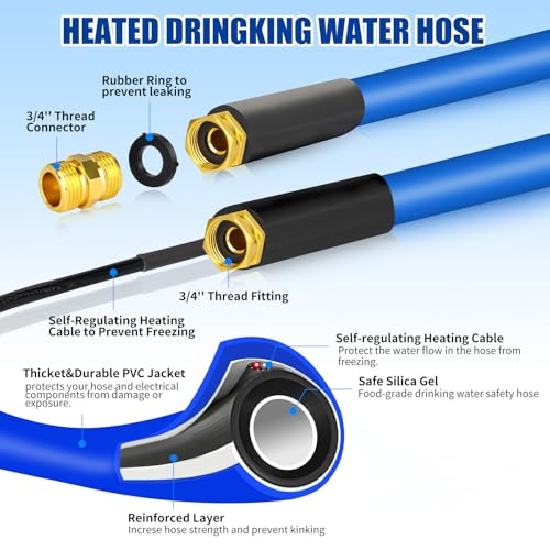 Image of 50FT Heated Water Hose,-20 ℉ Antifreeze Heated Drinking Water Hose with Thermostat&Overload Protection,5 /8 inch Inner Diameter Heated Water Hose with Storage Bag for RV Garden