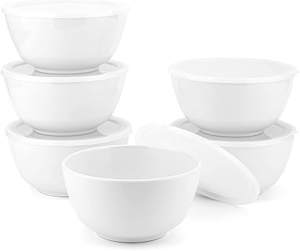 KX-WARE Melamine Bowls with Lids set - 28oz 6inch 100% Melamine Cereal/Soup/Salad Bowls, Set of 6 White | Shatter-Proof and Chip-Resistant Dishwasher Safe, BPA Free