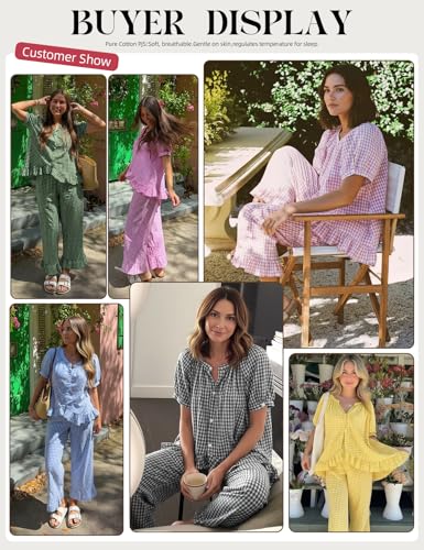 Image of Gihuo Gingham Pajama Set for Women 2 Piece Plaid Cotton Button Down Top and Pants Ruffle Babydoll Pjs Lounge Sets