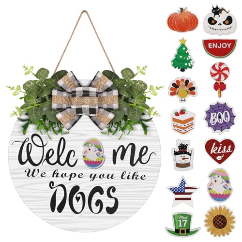 Interchangeable Wooden Seasonal Welcome Wreath Rustic Round Dogs Front Door Wreaths for HomeWallPorchFarmhouse Decor for Easter Spring Summer Fall Halloween Christmas All Season Decorations