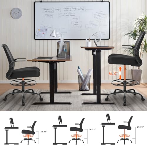 Image of Drafting Chair for Standing Desks, 500LBS Capacity Tall Office Chair with Adjustable Height, Foot Ring, Flip-Up Armrests, Thick Curved Seat for Home Office, Drawing, and Creative Work