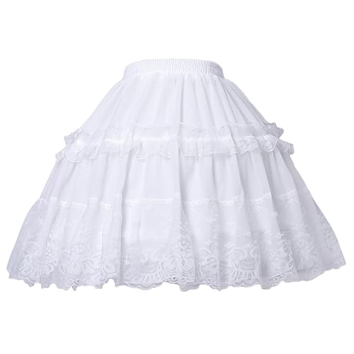 Women Girls Crinoline Petticoat 2 Hoops Skirt Chiffon Ball Gown Short Half Slip Underskirt for Lolita Cosplay - One Size - White With Lace