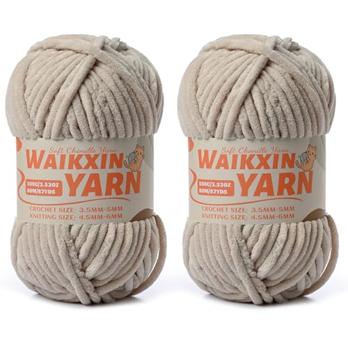 Image of (2 Light Khaki) 2 Pack Super Soft Fuzzy Chenille Chunky Yarn for Crocheting, 200g (175yds) Velvet Fluffy Amigurumi Yarn for Hand Knitting Baby Blankets Weaving Craft