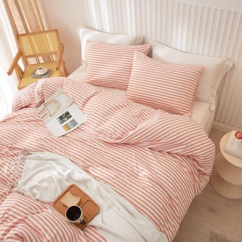 Image of Full Comforter Set Pink White Stripes Pattern Comforter Full Modern Style Striped Comforter with 2 Pillowcases Lightweight 3 Pieces Boho Bedding Comforter Farmhouse Striped Fluffy Comforter Set