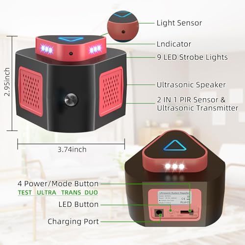Rodent Deterrent, Outdoor Animal Repellent, Mouse Deterrent Device, Rats Repeller Indoor with 4 Modes, Bat Removal with LED Strobe Light for House Attic RV Garage (Black Red) by Cossify - Image 2