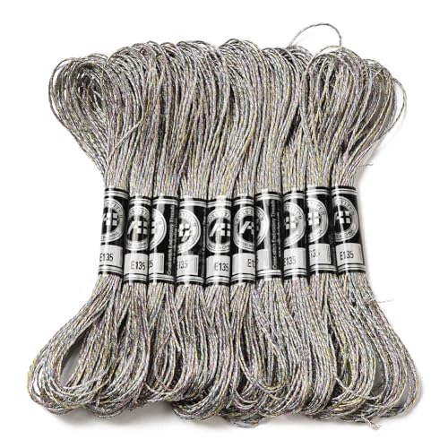 Image of 10 Skeins Grey Polyester Embroidery Floss Metallic Shimmer Crewel Cross Stitch Threads Silver Glitter Floss for Sewing Making String Art Tassels DIY Project Friendship Bracelets Home Decor