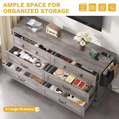 DWVO Farmhouse 6 Drawers Dresser with Air-Purifier, 59" Wide Wood Rustic Chest of Drawers with Nice Texture, Vintage Design, Storage Dressers Organizer for Living Room, Hallway, Grey
