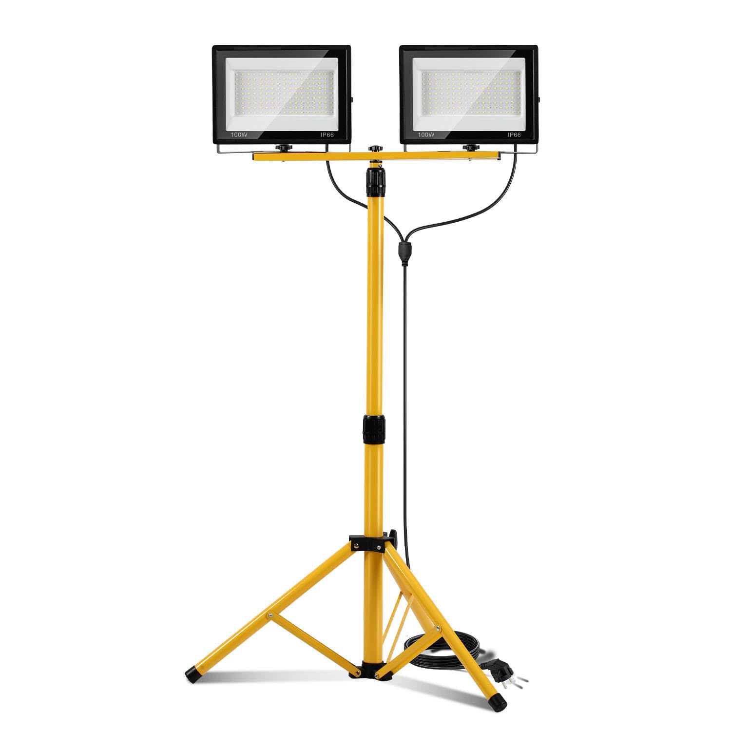 2x100W Faretto da Cantiere LED con Supporto, 8500LM 6500K Bianco Freddo Faretto LED, Regolabile in Altezza, Direzione Regolabile, con Cavo da 3m e Spina, Impermeabile IP66 per Interno ed