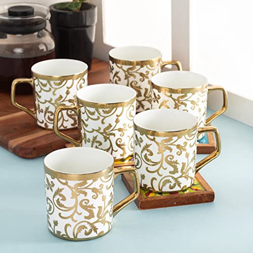 Image of Clay Craft Fine Ceramic Gold Print Tea Cups /Mugs Set of 6-220 ml Each (Director E696), Tea Cup Set of 6, Mugs for Coffee, Cups Set of 6, Mug Set, Ideal for Gifting, Perfect for Home and Office
