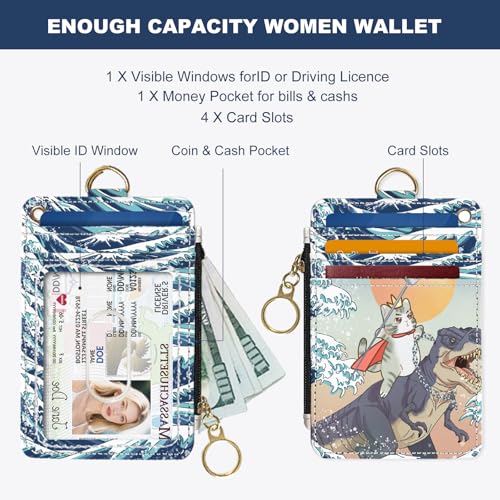 Image of Slim Wallet Credit Card Holder, Cat and Dinosaur, RFID Wallet Women Cute Small Front Pocket Wallet With Zipper, PU Leather Thin travel RFID Blocking Card Case ID Window ,Ladies Gifts