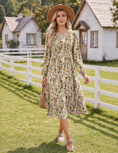 Image of Zeagoo Fall Dresses for Women Long Sleeve Midi Dress Casual A Line Dresses 2026 Pleated Flare Dress with Pockets