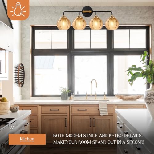 Image of 4Lights Bathroom Vanity Light Fixture Amber Glass Globe Wall Sconce | Mid Century Modern Vintage 5.9″ Ribbed Glass Shade Black Gold Finish 27.2″ for Bathroom Over Mirror Bedroom Hallway