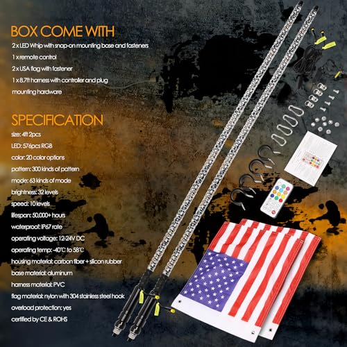 Nirider 2PCS 4ft LED Whip Lights with Flag Pole Remote Control Spiral RGB Chase Light Offroad Warning Lighted Antenna LED Whips for UTV, ATV, Off Road, Truck, Sand, Buggy Dune, RZR, Can-am, Boat - Thumbnail 6