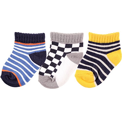 Luvable Friends 3-Pack Novelty Print No Show Socks, Blue Checkered, 12-24 Months