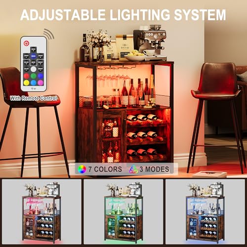 GarveeHome 3-Tier Wine Bar Cabinet with LED Lights & Wine Rack, Liquor Cabinet with Storage, Coffee Bar Cabinet with Glass Holder & Mesh Door, Sideboard Buffet Bar for Living Room, Dining Room, Brown