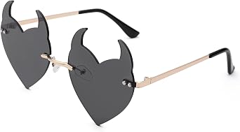 Hycredi Devil Heart Sunglasses Rimless Rave Trendy Novelty Halloween Glasses for Women Men Party Funny Eyewear