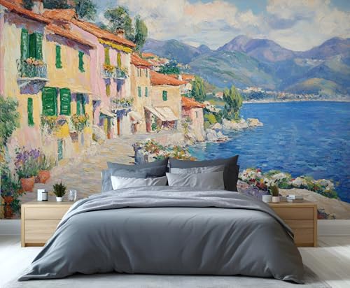 YXQAIED Vintage Oil Painting Bedroom Wallpaper Coastal Street Wall Mural Wallpaper, Beautiful Cottage Murals, Kids Bedroom Backdrop Wall Decor Poster 300x210cm