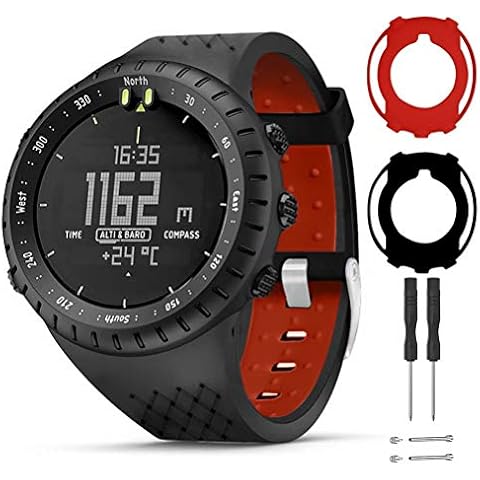 T-BLUER Watch Band Compatible for Suunto Core,Silicone Replacement Strap Bracelet Accessory and Full Cover Protector Case for Suunto Core Smart Watch,Black Red Cover