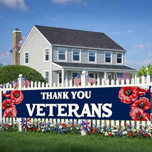 Image of BlissYard Patriotic Banner Thank You Veterans Decorations Banner 118 x 20 inch Independence Day American Flag Outdoor Banner for Yard Fence Porch, Veterans Day Memorial Day Decorations