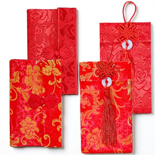 4Pcs Chinese Red Pocket Lucky Money Pockets Silk Red Envelopes Chinese Element Invitation Envelop with Chinese Knot Jade Pendant for Spring Festival Wedding New Year Birthday