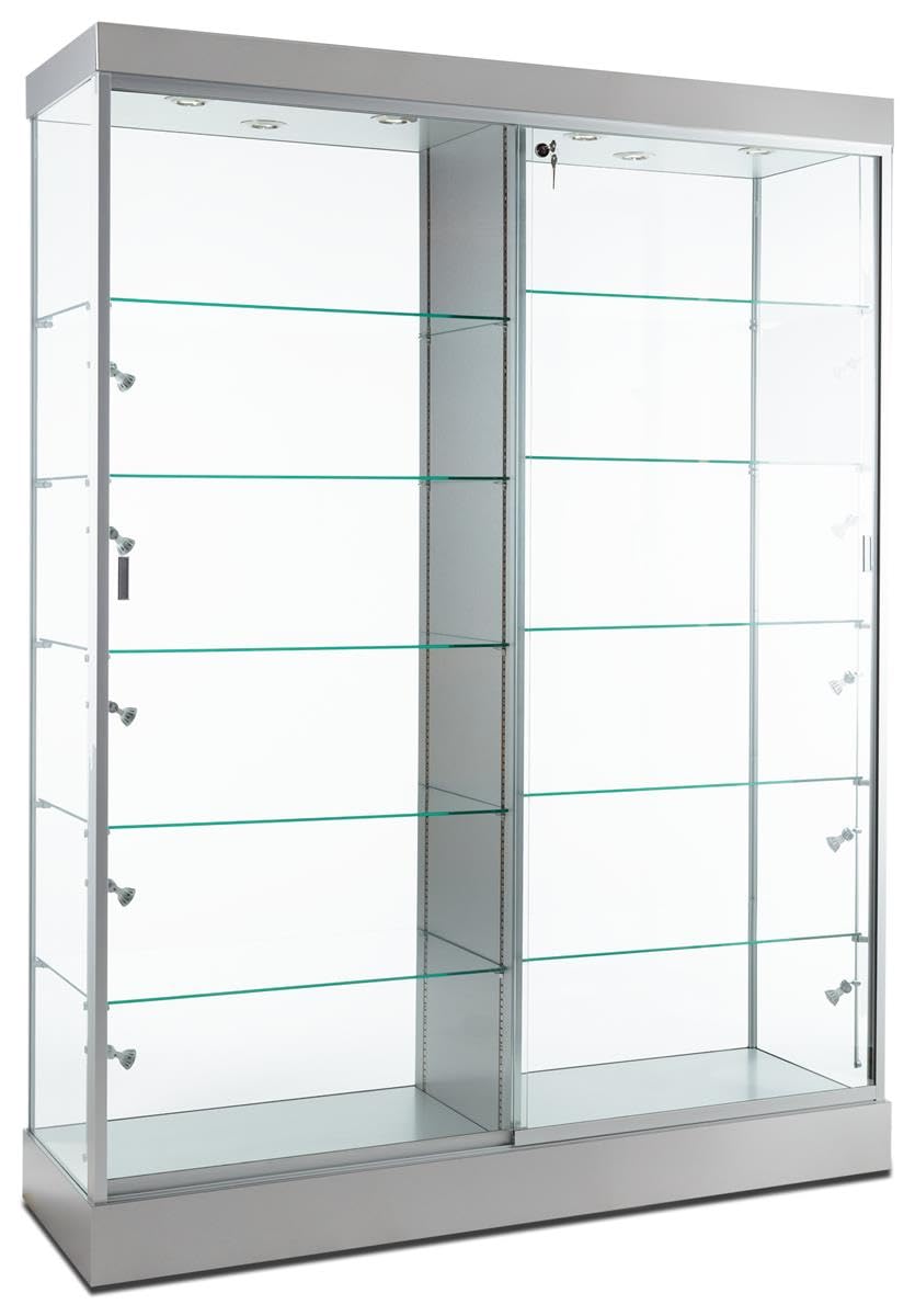 Displays2go Award Display: Ten Adjustable Shelves, Top & Side Lighting - Silver Laminate Finish