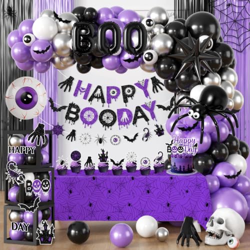 Happy Booday Party Decorations, Black and Purple Halloween Birthday Decorations with Happy Booday Banner Spider Web Tablecloth Ghost Foil Balloons Balloon Arch Box for Spooky Birthday Party