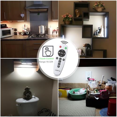 Image of LDOPTO Under Cabinet Lights Wireless 4 Pack, Rechargeable Battery Operated Lights with Remote, Dimmable Led Closet Lights, Under Counter Lights Stick-on Touch Night Light for Kitchen, 3 Colors