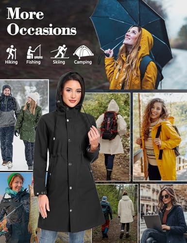 RITOSTA Softshelljacke Damen Lange Übergangsjacke Fleece Gefüttert Winddicht Softshellmantel Wasserdicht Windbreaker Wanderjacke Atmungsaktive Jacke Regenjacke Outdoorjacke mit Kapuze(Schwarz,S)