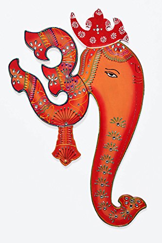 Ethnic Handmade Indian Art Wall Hanging of God Ganesha with Spiritual Om - Orange & Red Combination Colours