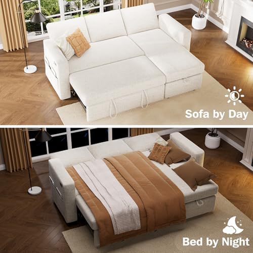 Vipbear 81" Sectional Sleeper Sofa with Pull Out Bed, L Shaped Couch Sleeper Sofa Bed, Pull Out Couch with Reclining Backrest, Reversible Storage Chaise, USB Ports, Tool-Free Assembly, Chenille Beige - Thumbnail 3