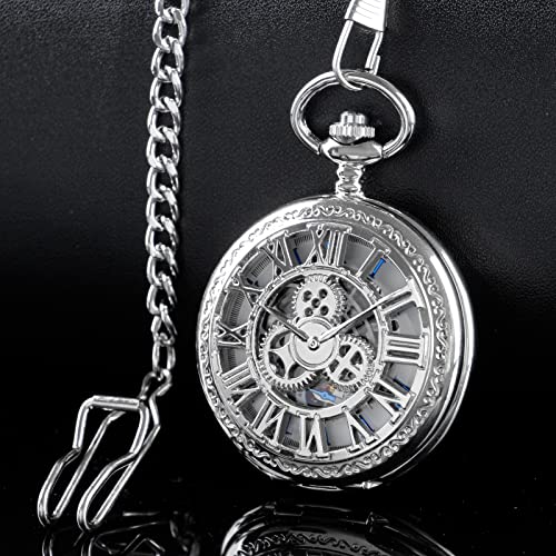 Image of Classic Silver Mechanical Pocket Watch, Roman Numerals Silver Pocket Watch with Chain Box for Men