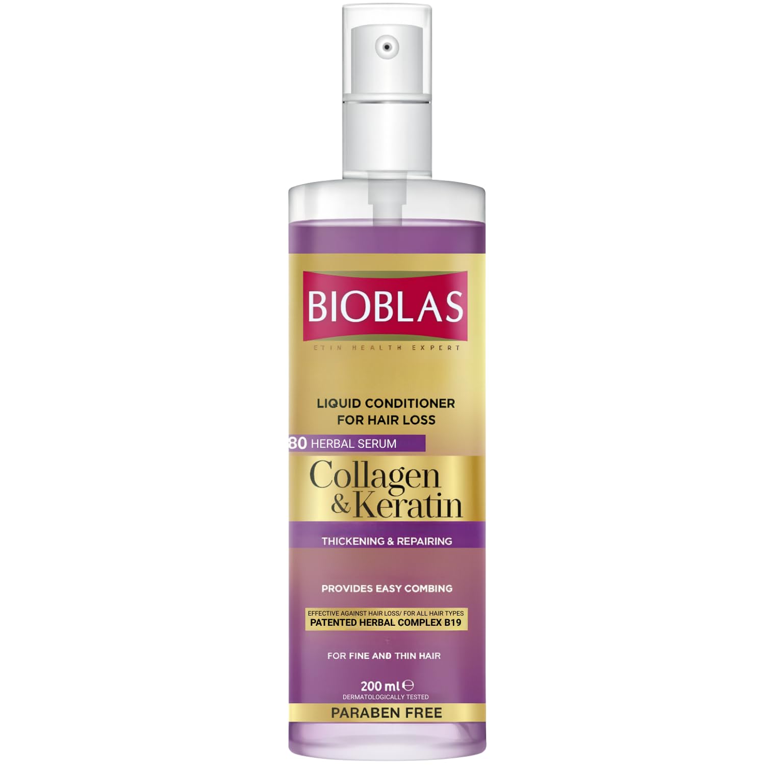 Bioblas Kolajen & Keratin Sıvı Saç Kremi – Durulanmayan, Onarıcı & Dolgunlaştırıcı Etki, Bitkisel Kompleks B19, 200 ml
