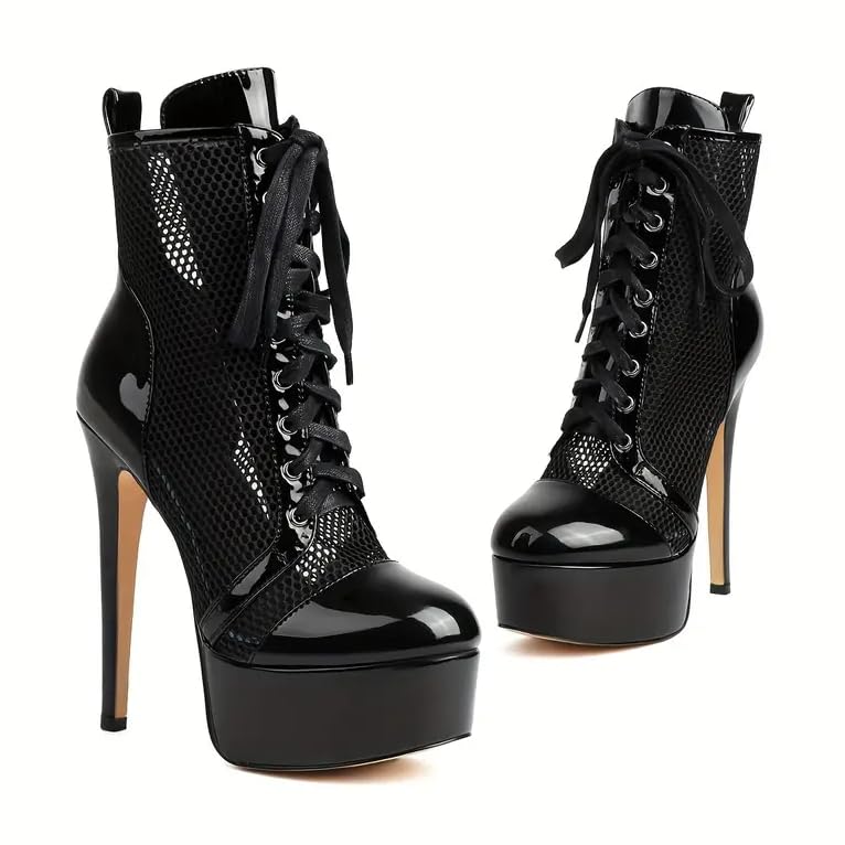 Women's Black Sexy Mesh Closed Toe Ankle Boots Lace-Up Breathable Platform High Heel Bootis3